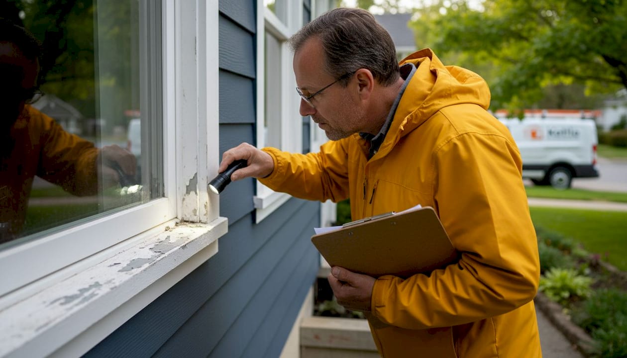 Inspector examining window caulking details outside house