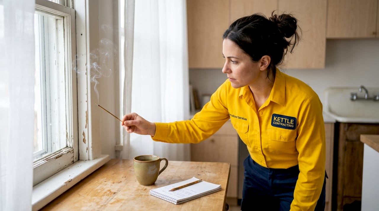Contractor checking window for air leaks with incense