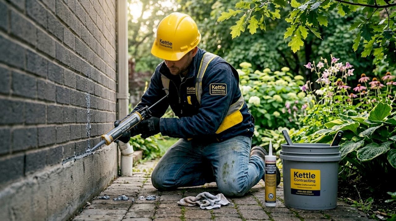Contractor sealing exterior brick foundation