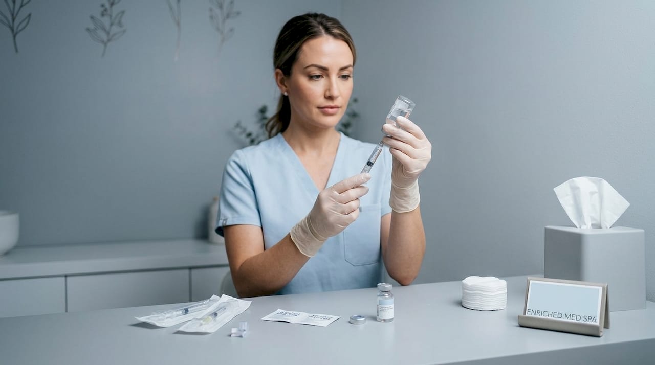 Gloved hands prepare dermal filler syringe