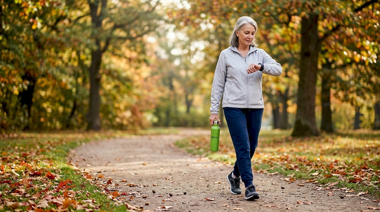 Older woman walking in shady park setting