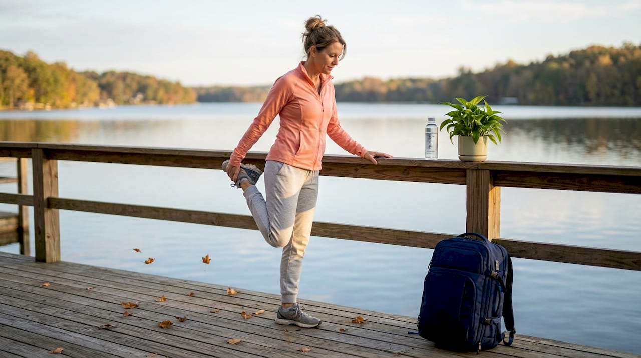 Woman stretching by park bench before walking
