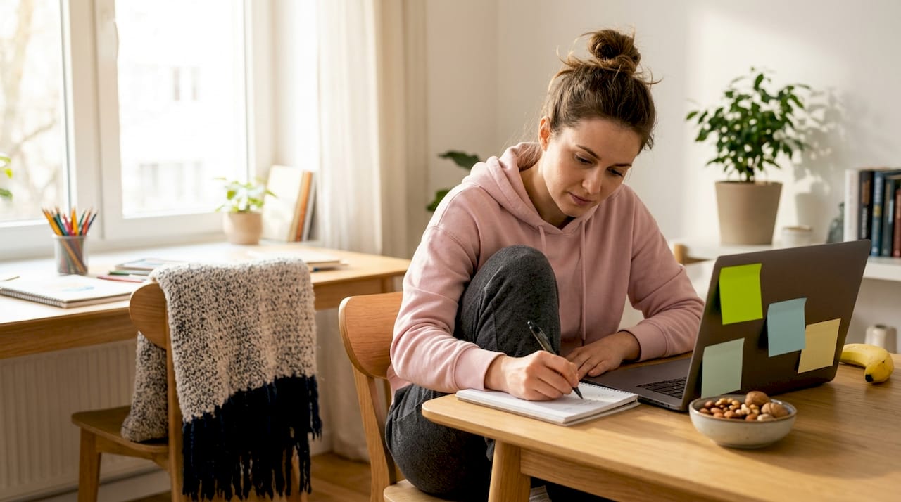 Woman tracking mood in kitchen journal
