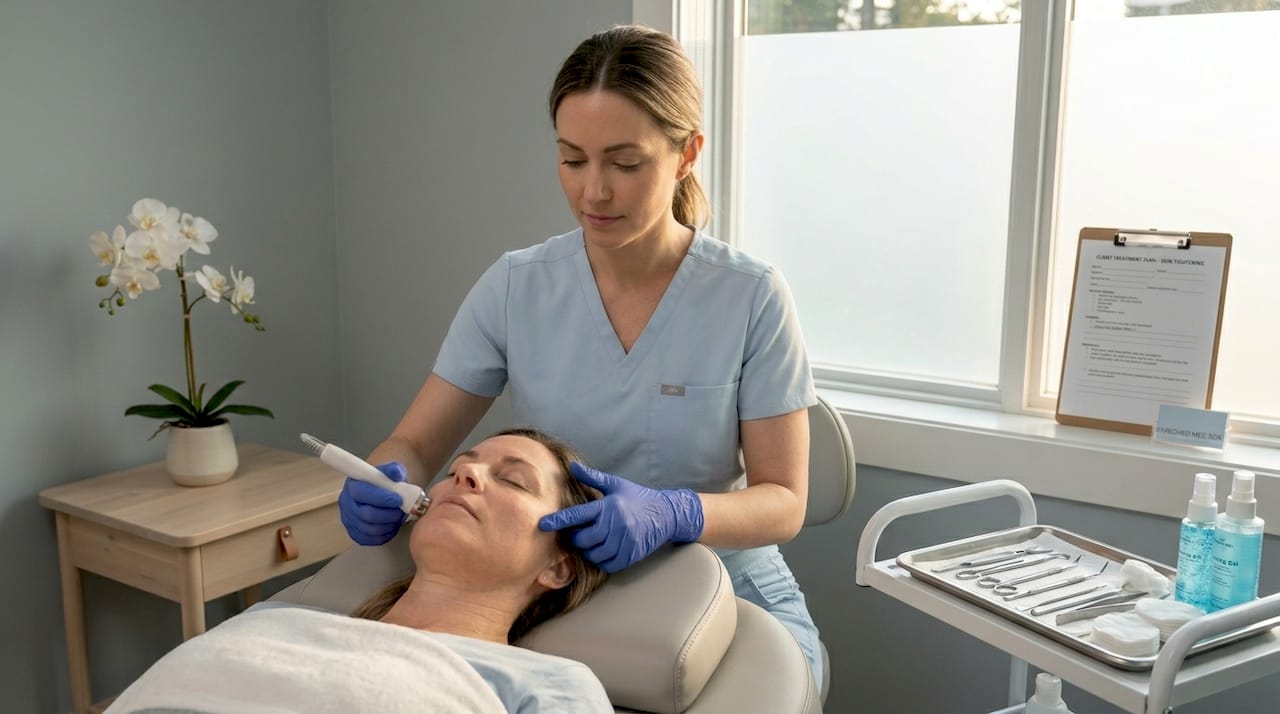 Clinician performing radiofrequency facial spa treatment