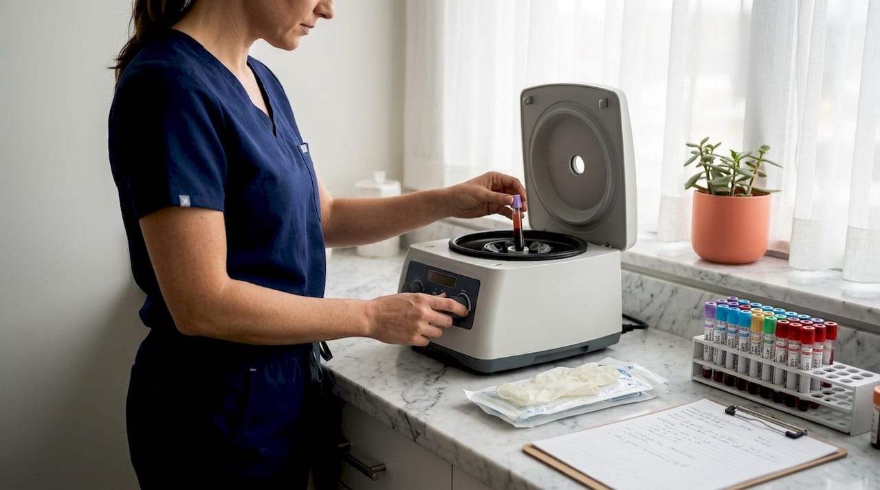 Nurse preparing centrifuge for PRP therapy
