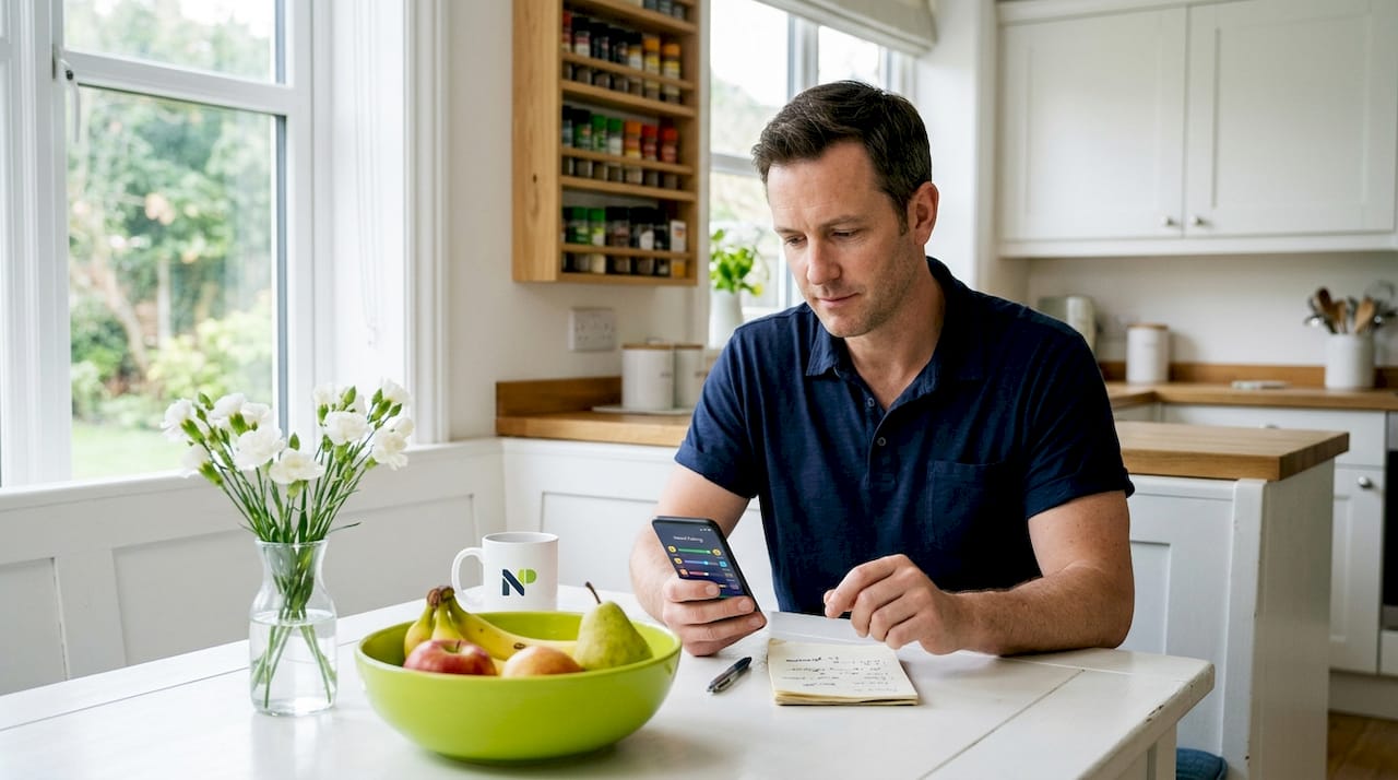 Man logging mood in smartphone app at kitchen table