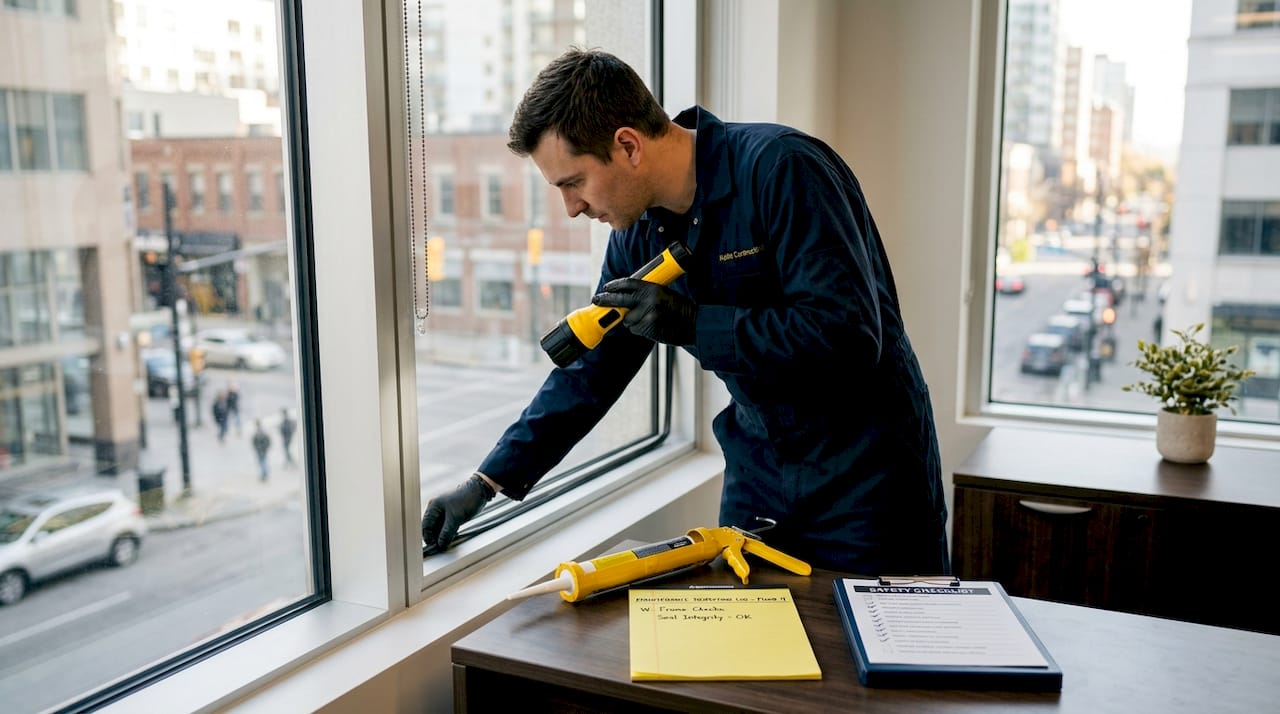Worker inspecting window for air leaks