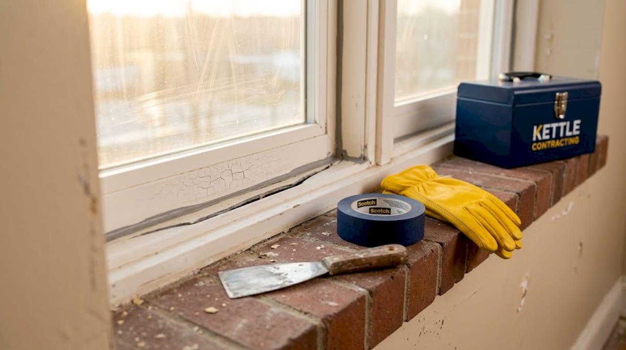 Close-up worn window frame caulking