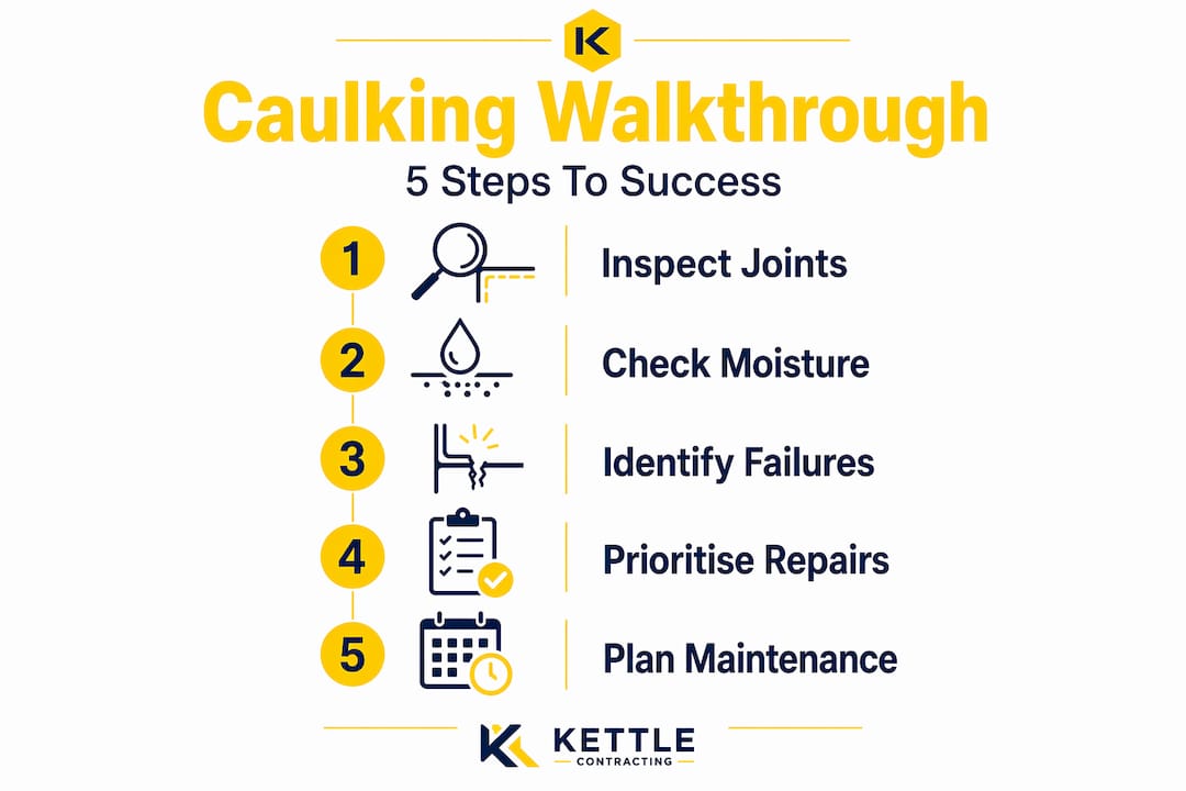Infographic showing five steps for caulking walkthrough