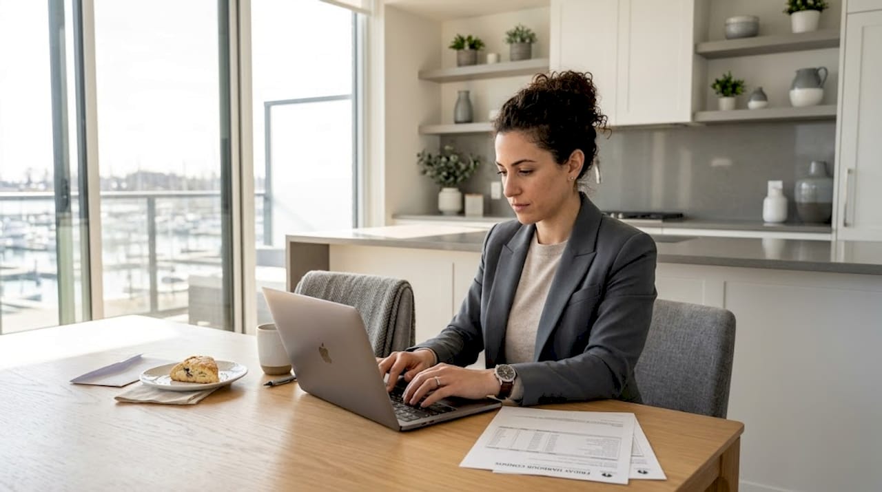 Woman reviewing Friday Harbour condo fees paperwork
