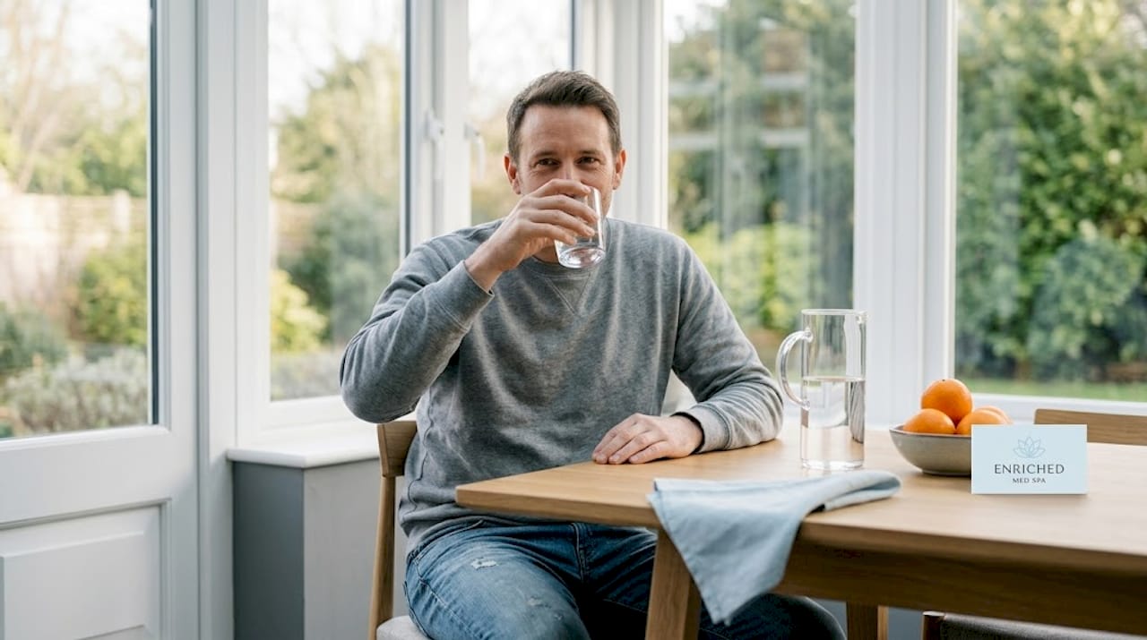 Man drinking water at kitchen table