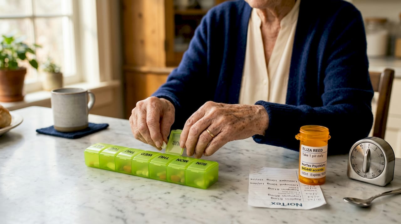 Elderly hands fill weekly pill organizer