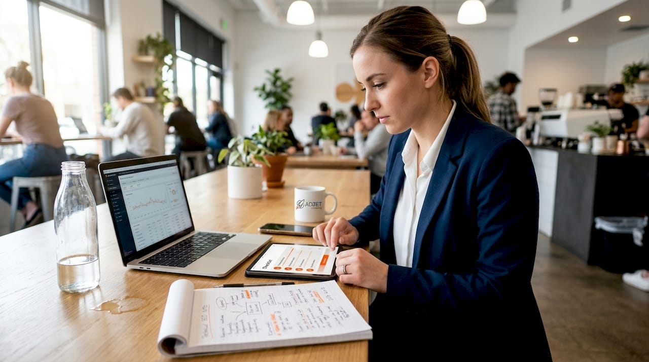 Marketer reviewing site audit checklist tablet