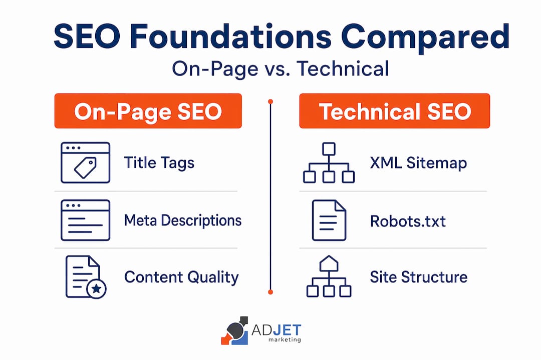 Infographic comparing on-page and technical SEO
