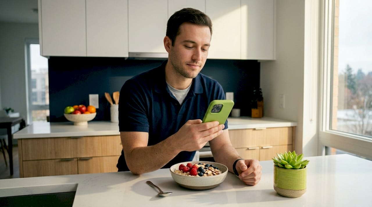Man practicing calm morning routine in kitchen
