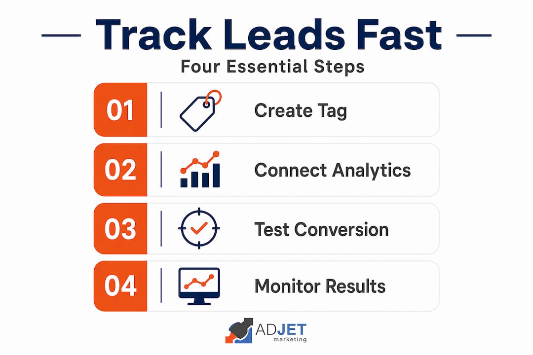 Infographic shows 4 steps of Google Ads conversion tracking