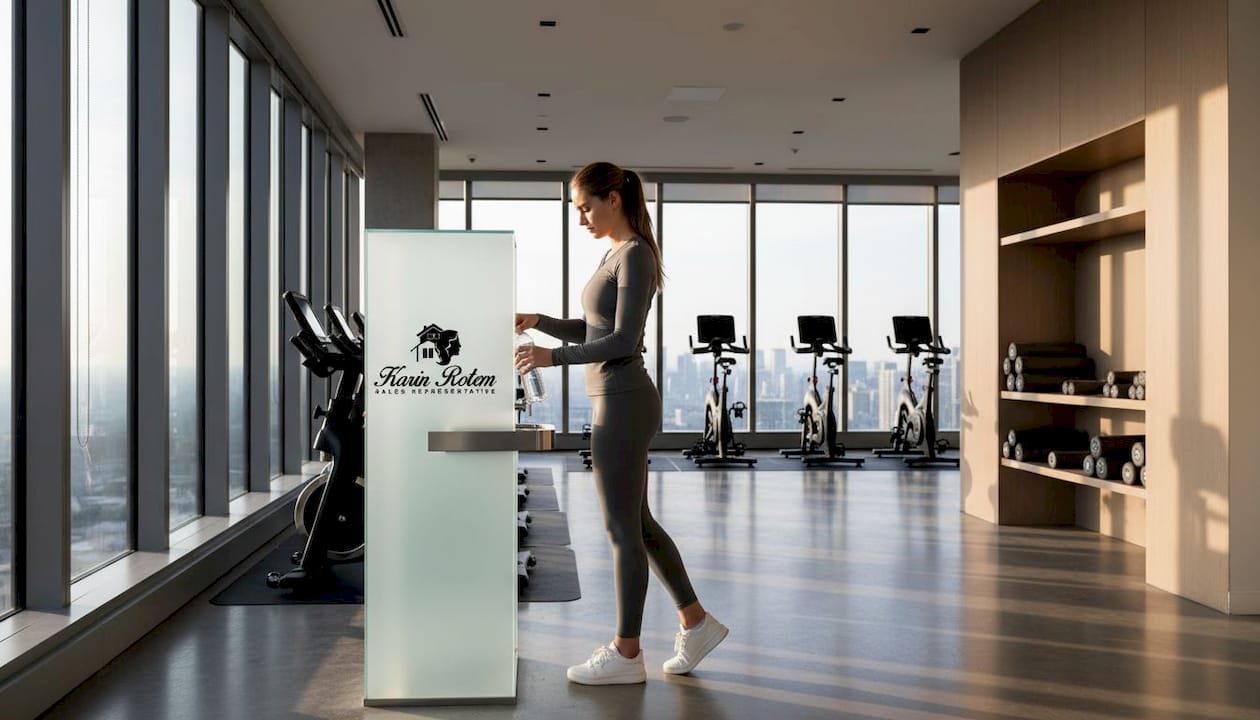 Luxury condo gym with resident filling water bottle