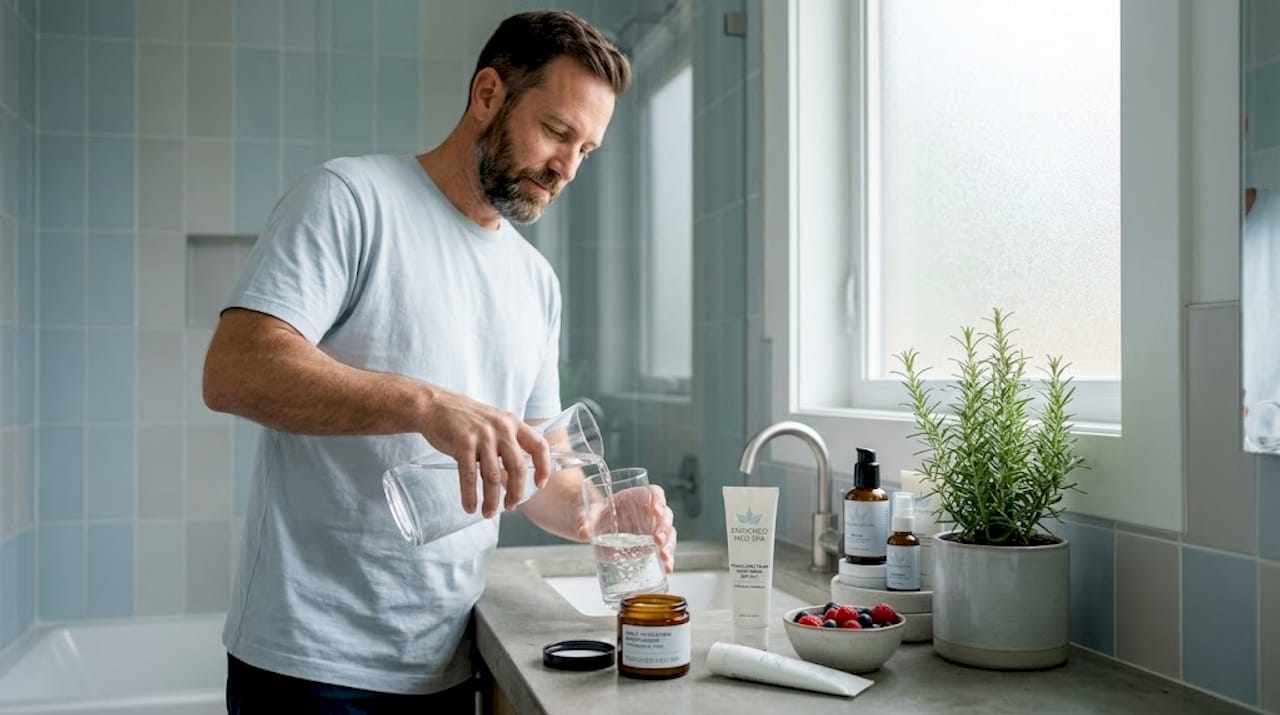 Man hydrating and preparing skin at kitchen counter