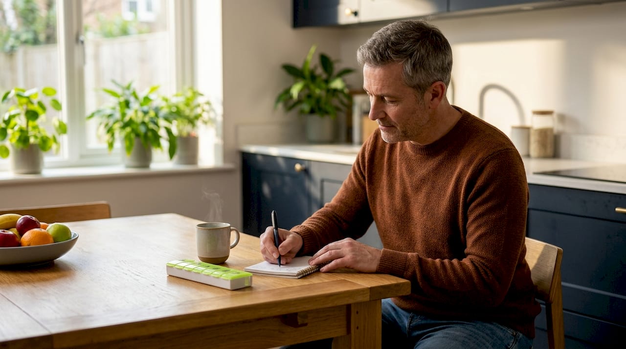 Man journaling about medication at home