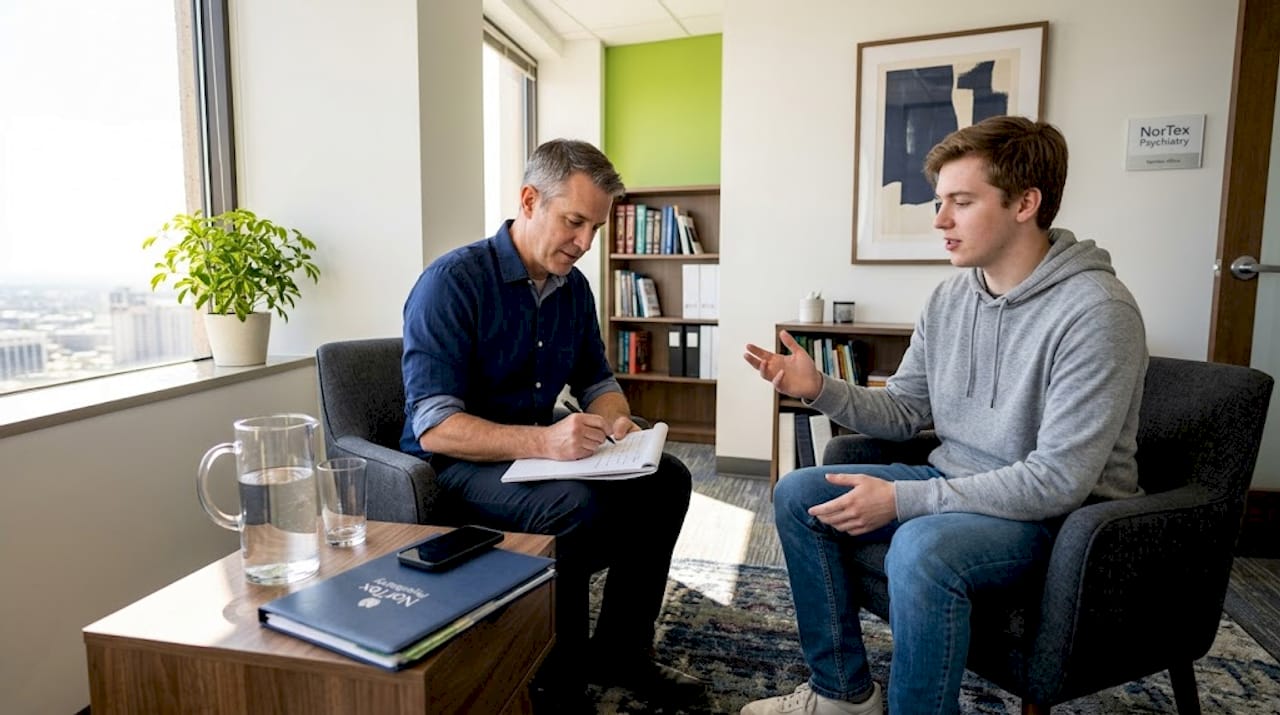 Psychiatrist meets patient during evaluation