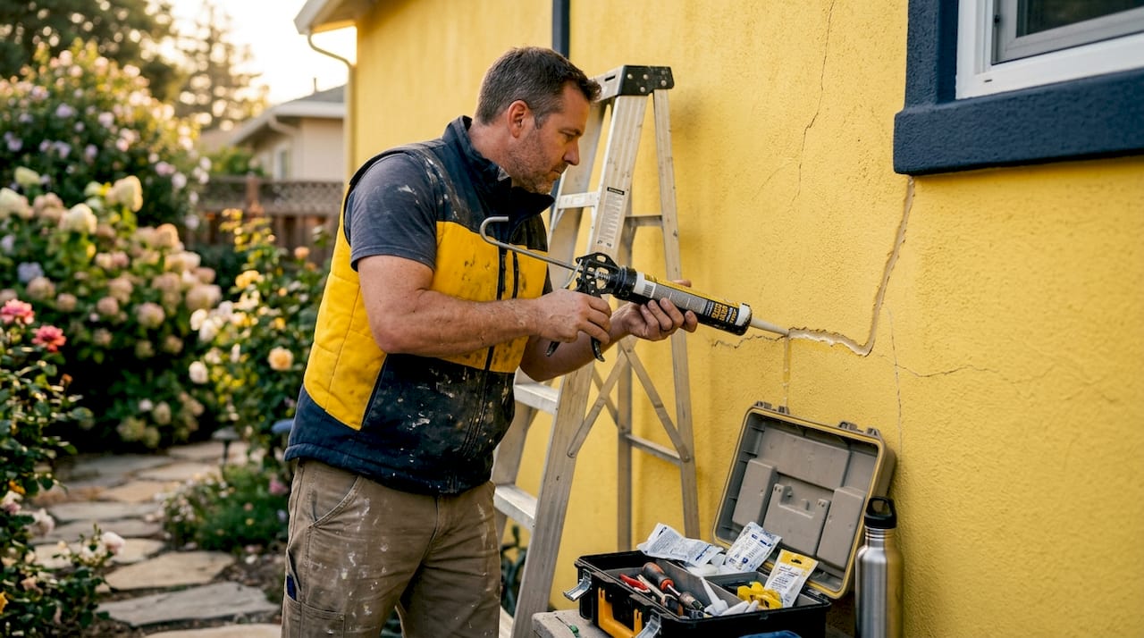 Contractor sealing wide exterior stucco joint
