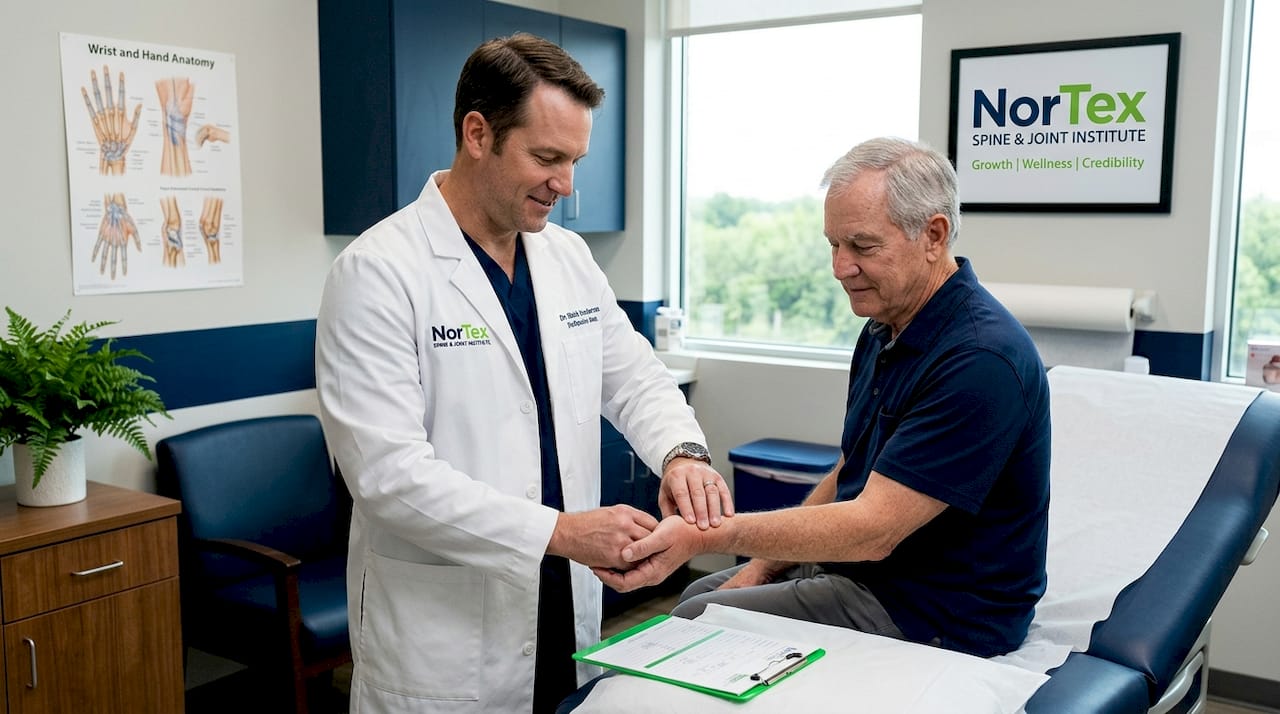 Doctor gently examines patient’s swollen wrist