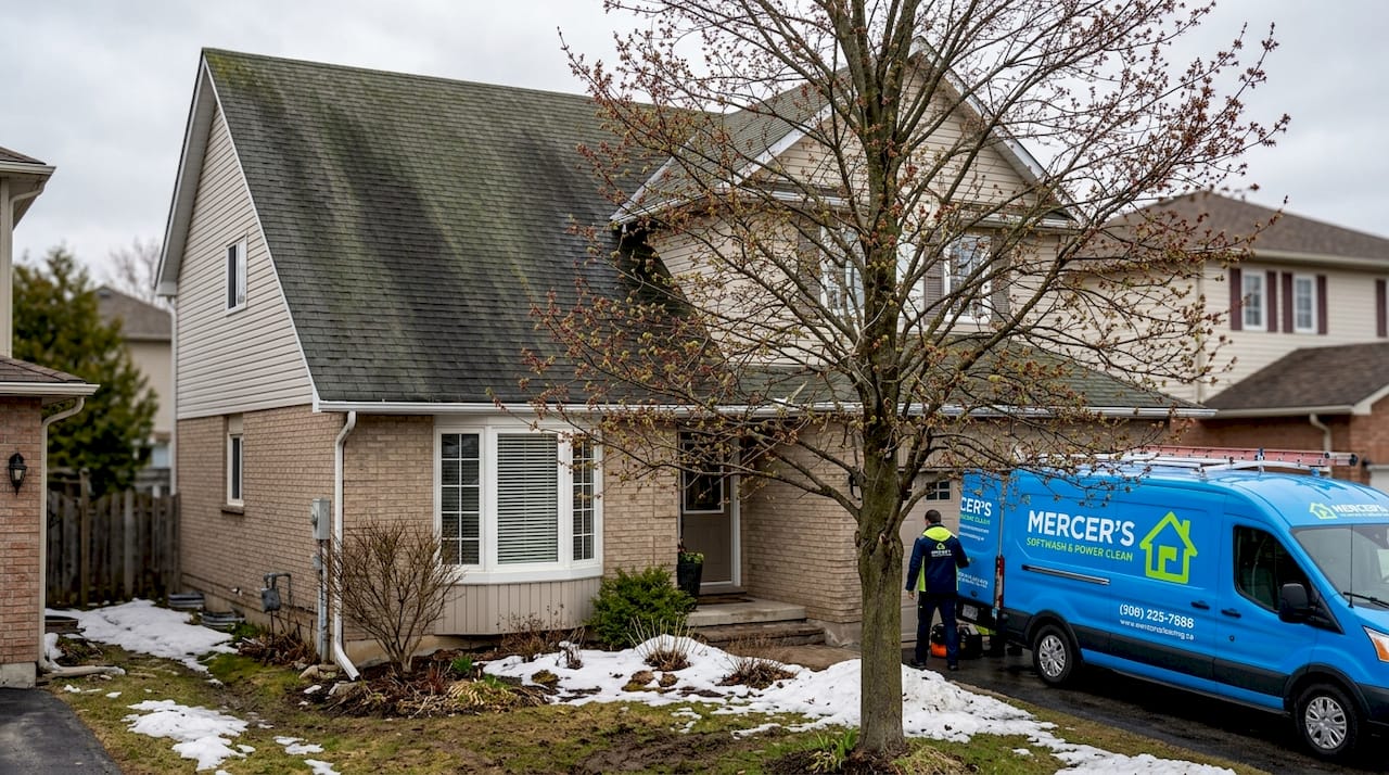 House exterior with algae-stained roof and gutters
