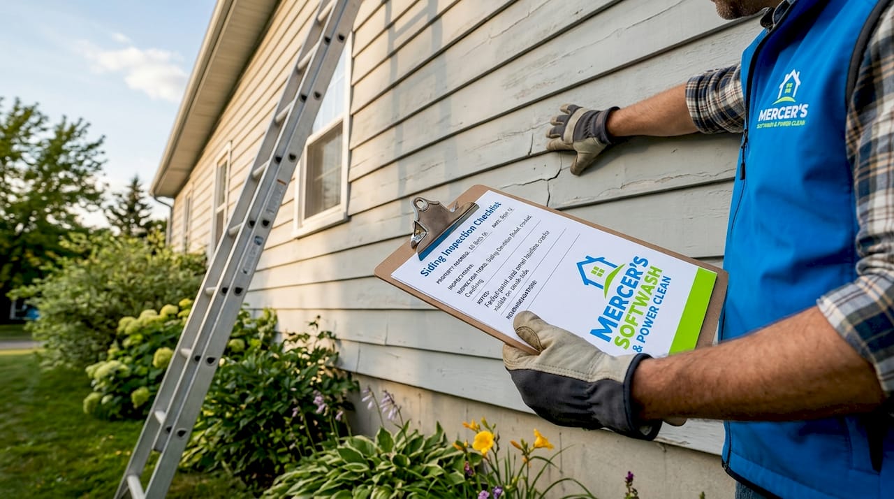 Homeowner inspecting siding for cracks and moss