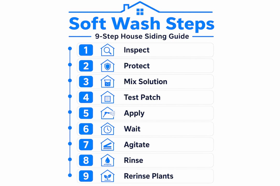 Infographic showing 9 soft washing steps for siding