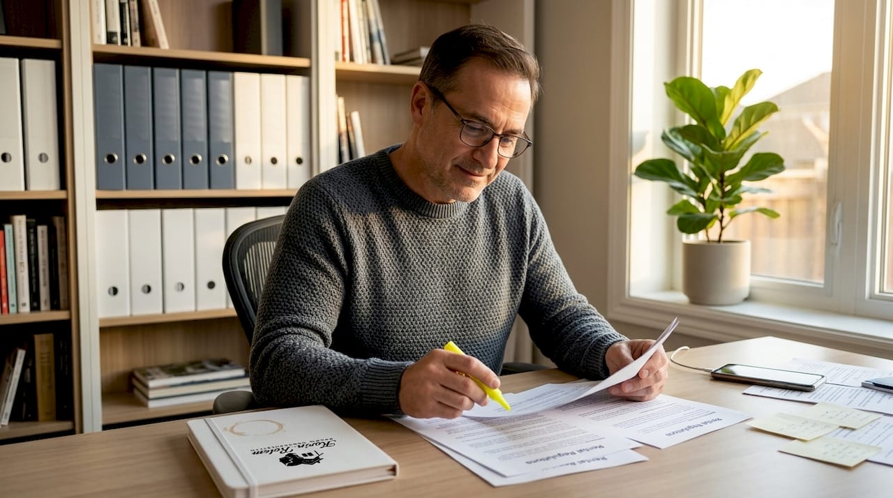 Owner reviewing compliance paperwork in home office