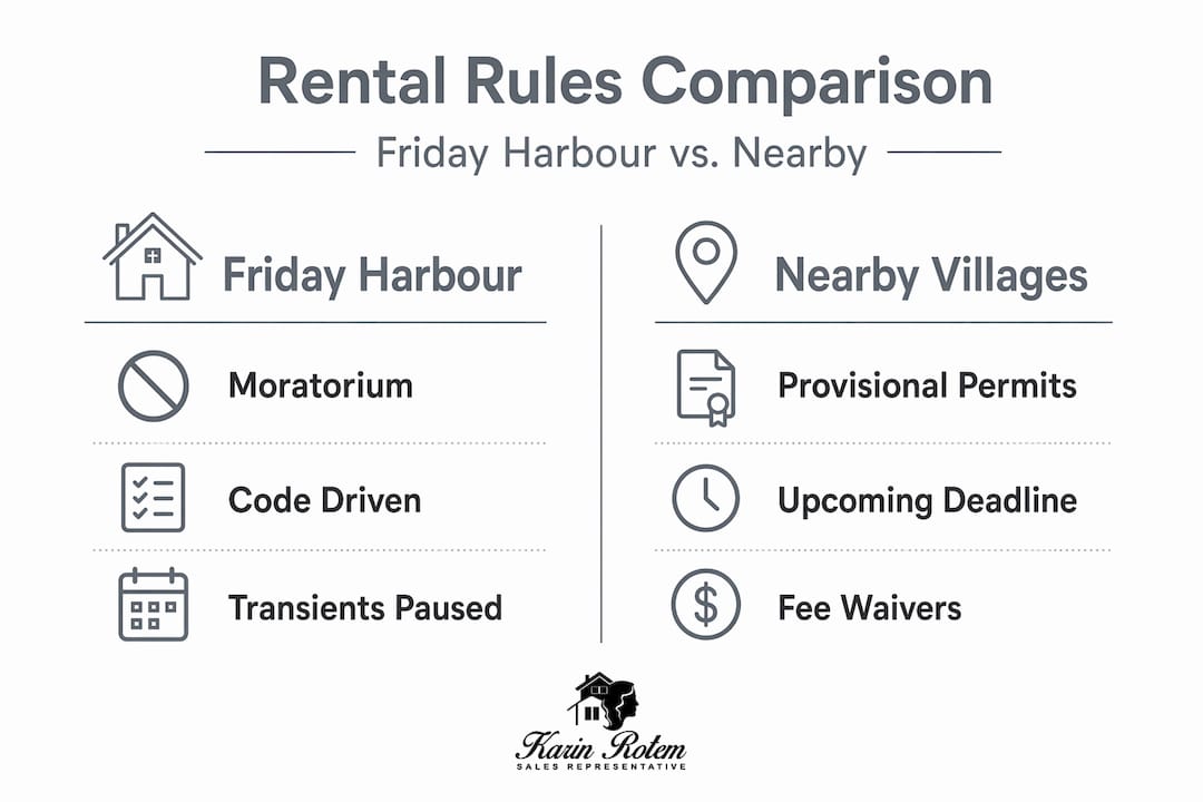 Infographic comparing Friday Harbour and nearby rental rules