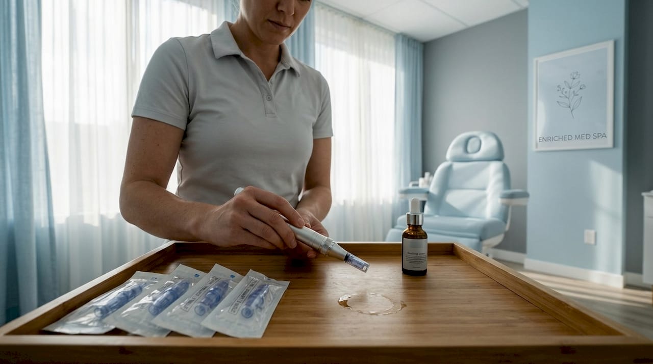 Technician inspecting microneedling device in clinic