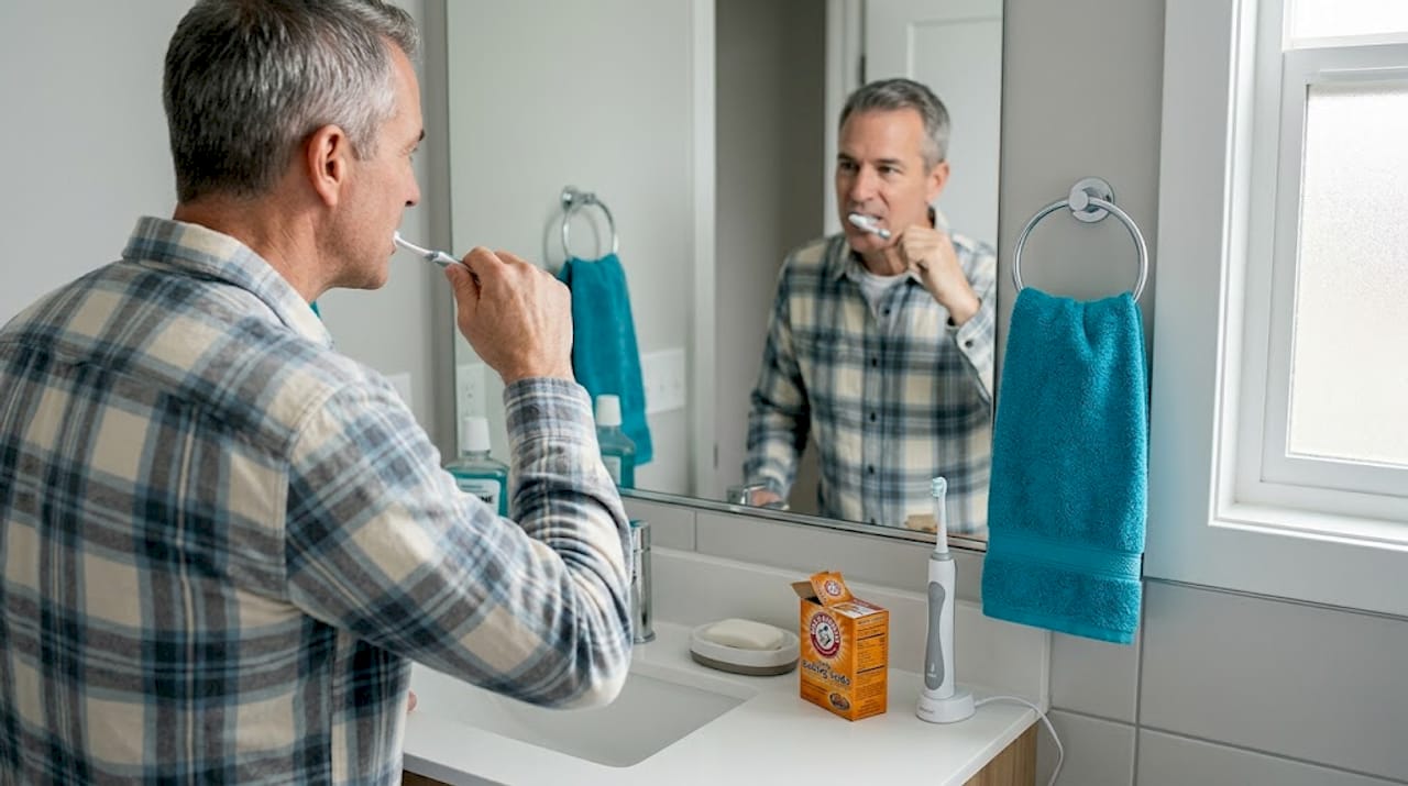 Man brushing teeth with baking soda toothpaste