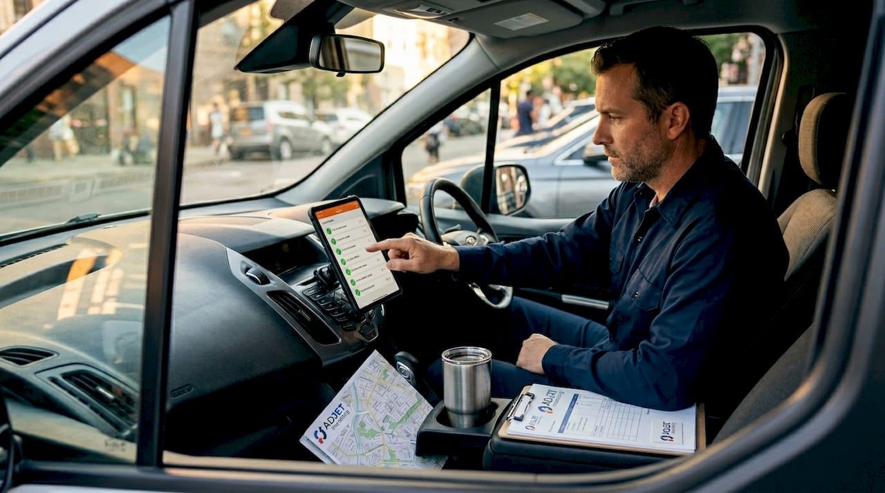 Contractor checking new leads on dashboard tablet