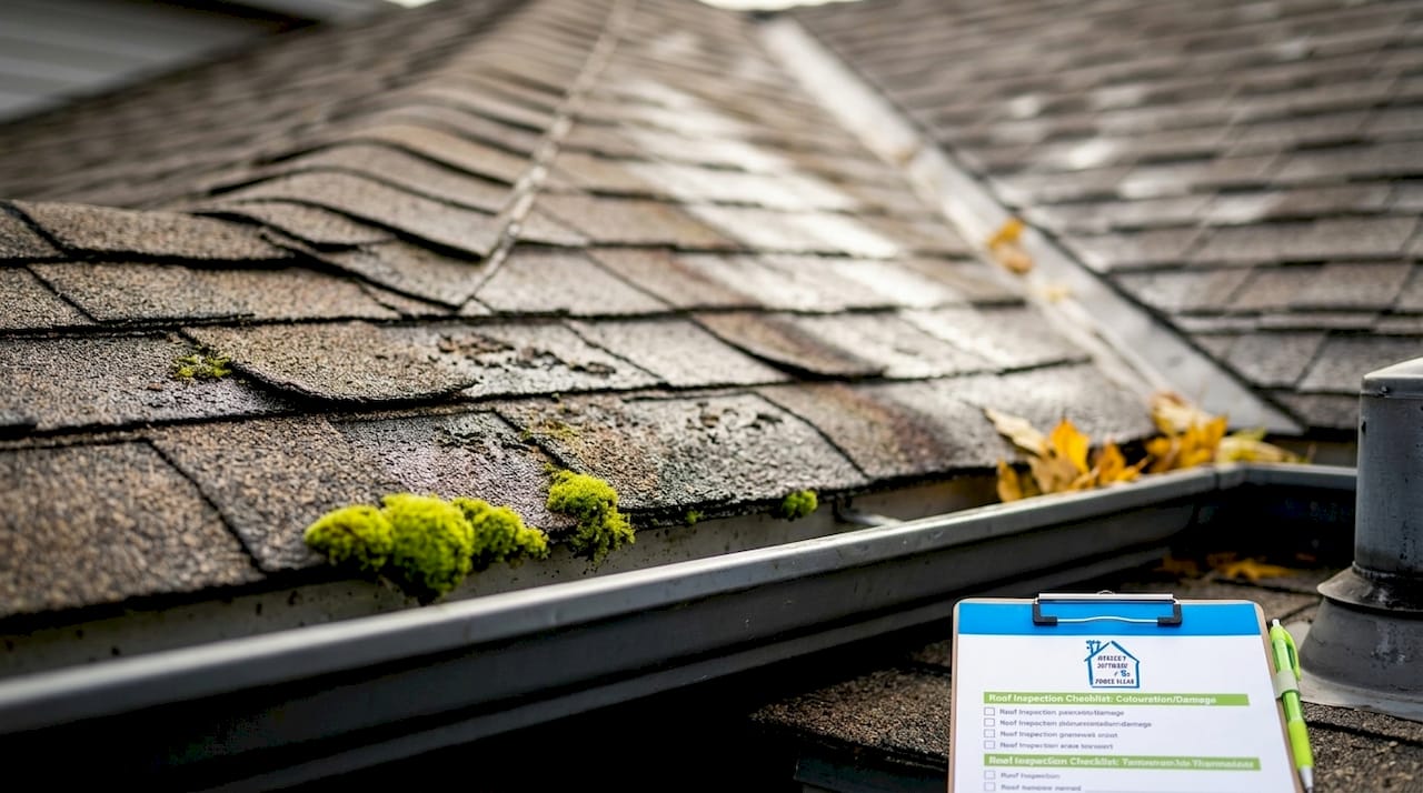 Shingle roof showing granule loss and moss