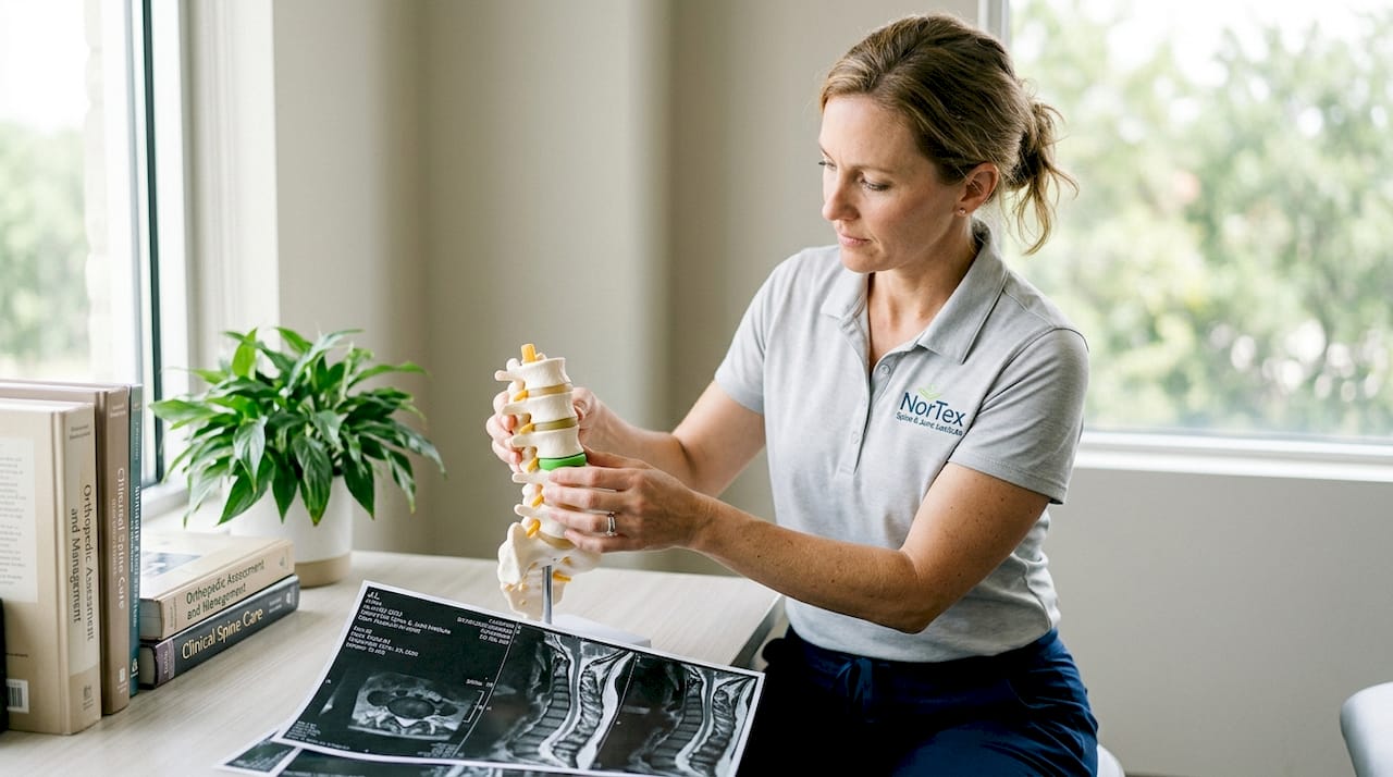 Physical therapist demonstrating spine model in clinic