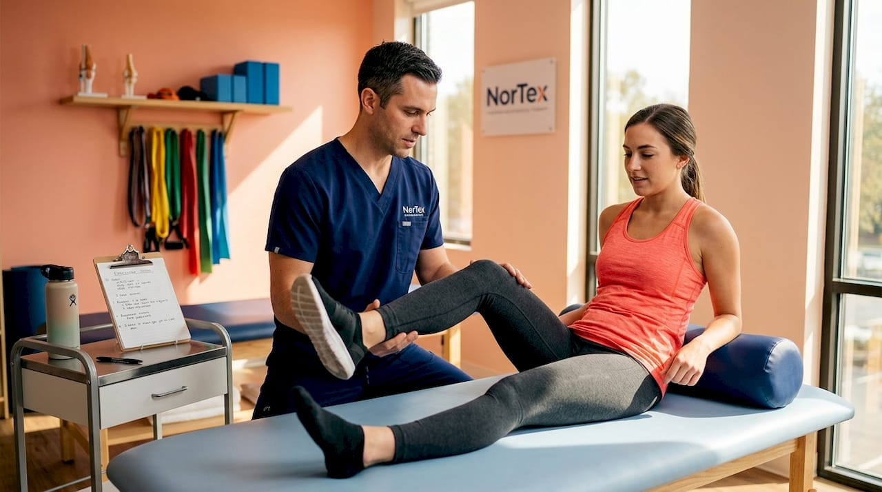 Physical therapist assists patient knee rehab