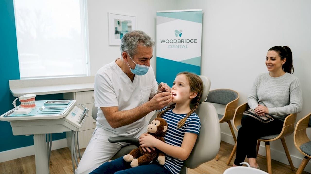 Dentist examining child during dental visit