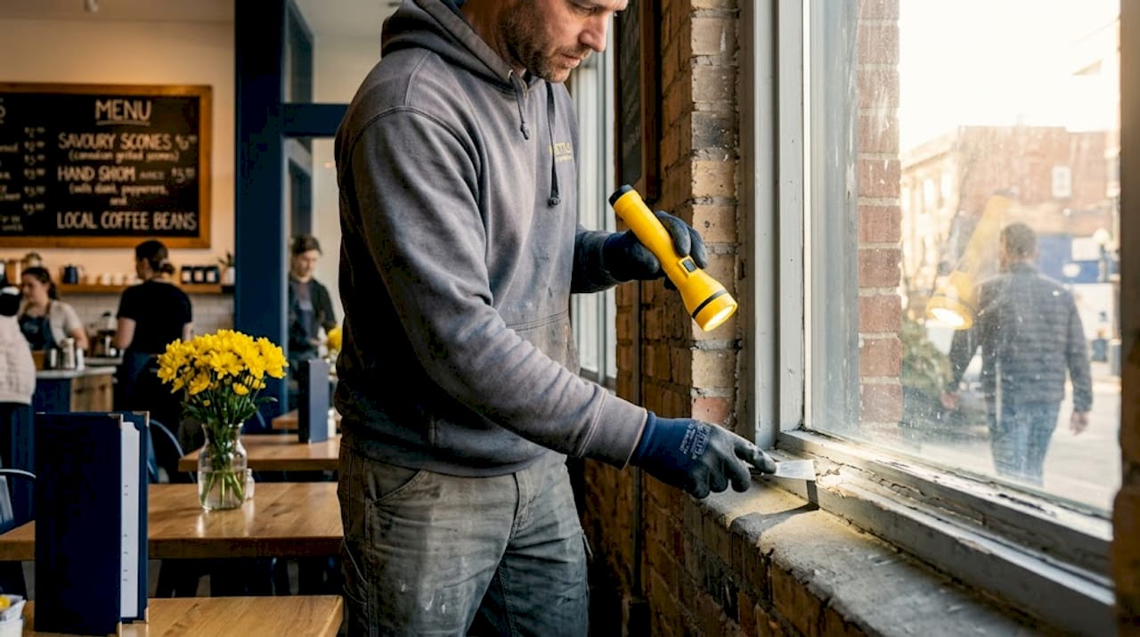 Worker inspecting commercial window caulking joint