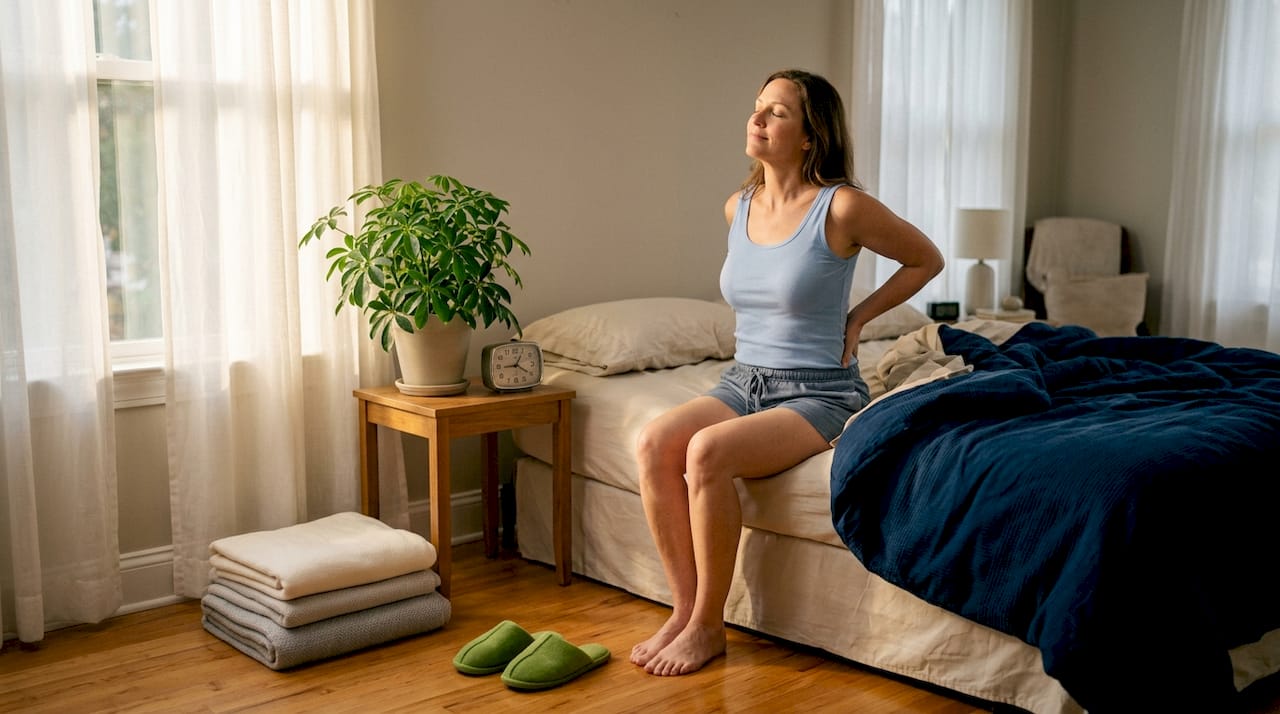 Woman stretching on bed in sunlit bedroom