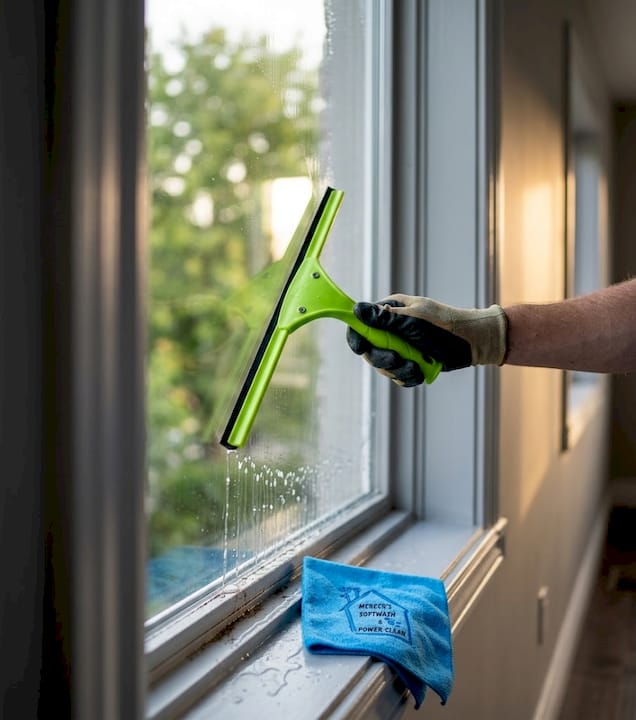 Close-up squeegee removing water from glass