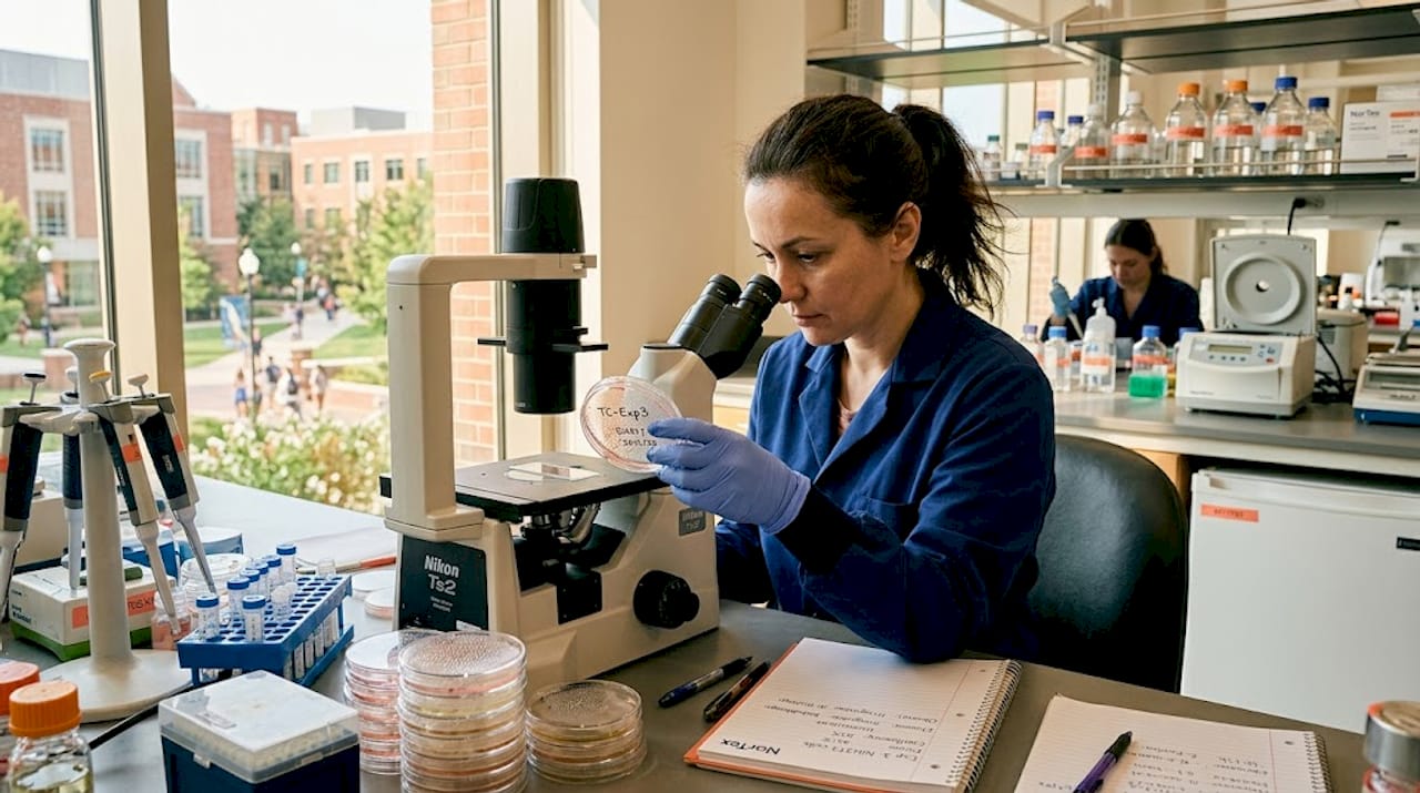 Researcher examining tissue culture sample in lab