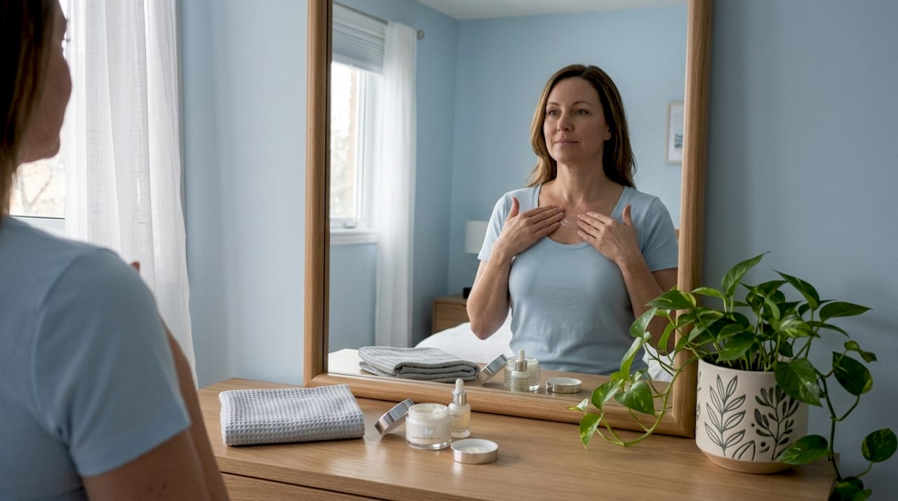 Applying skincare to chest at bathroom vanity