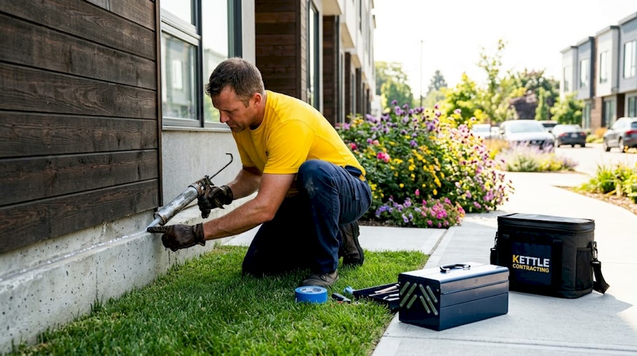 Worker applying polyurethane sealant outdoors