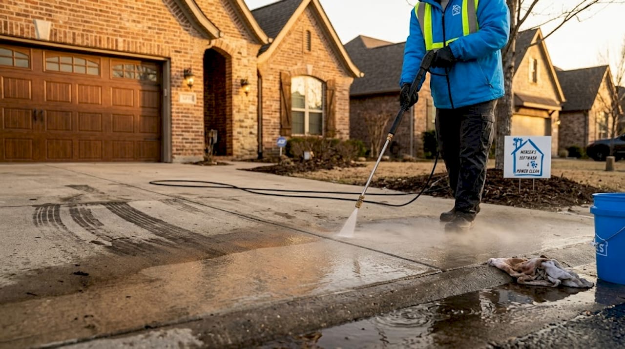 Pressure washing cleaning concrete driveway