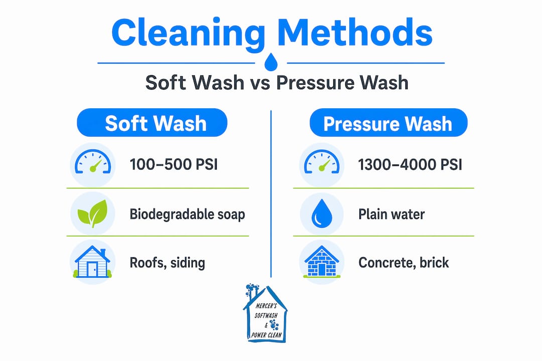 Infographic comparing soft wash and pressure wash
