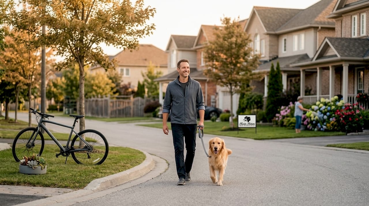 Man walking dog on Innisfil street
