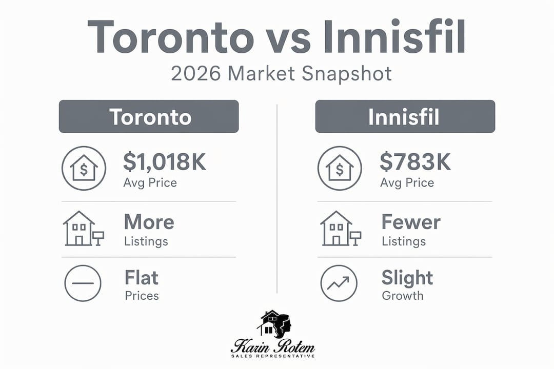 Infographic comparing Toronto and Innisfil 2026 markets