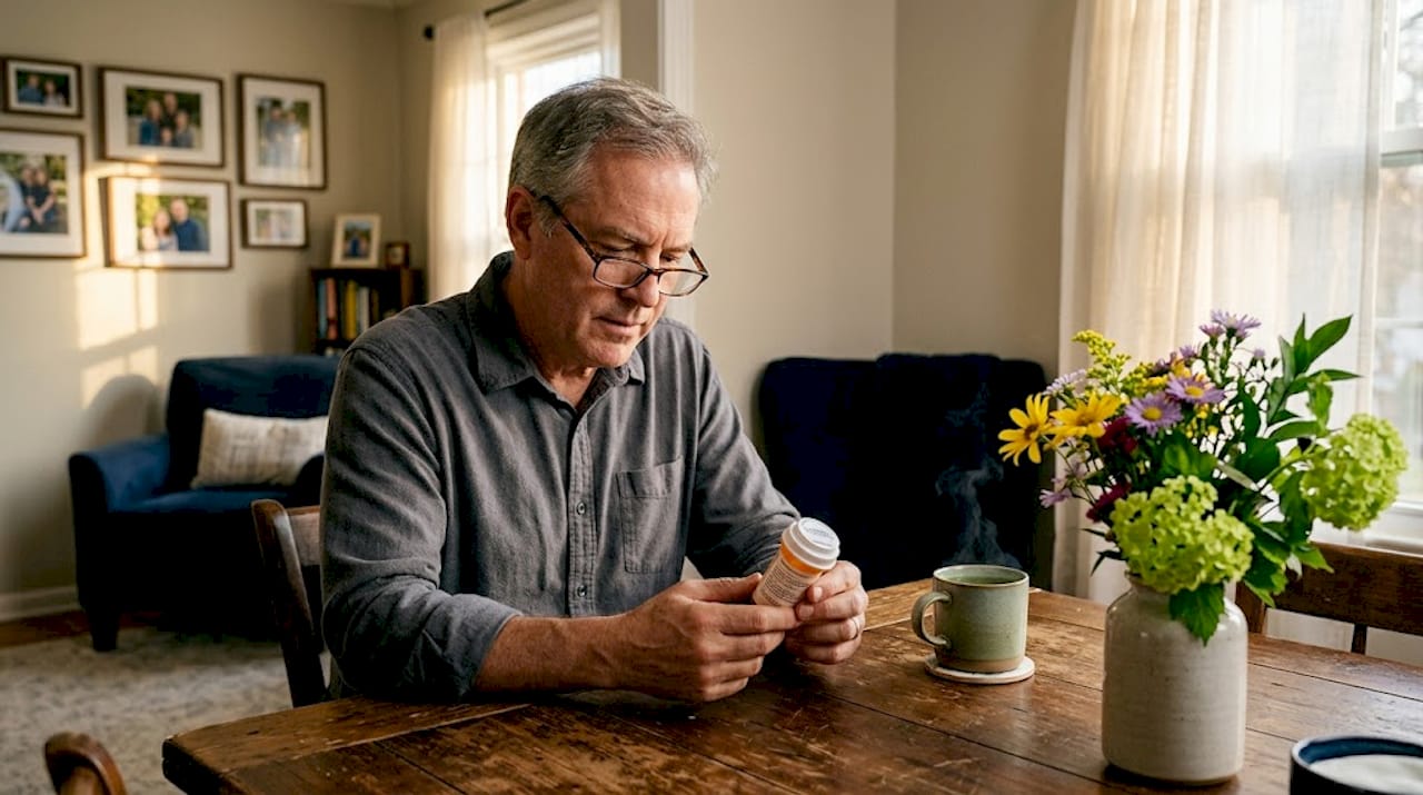 Man reviewing antidepressant prescription at kitchen table