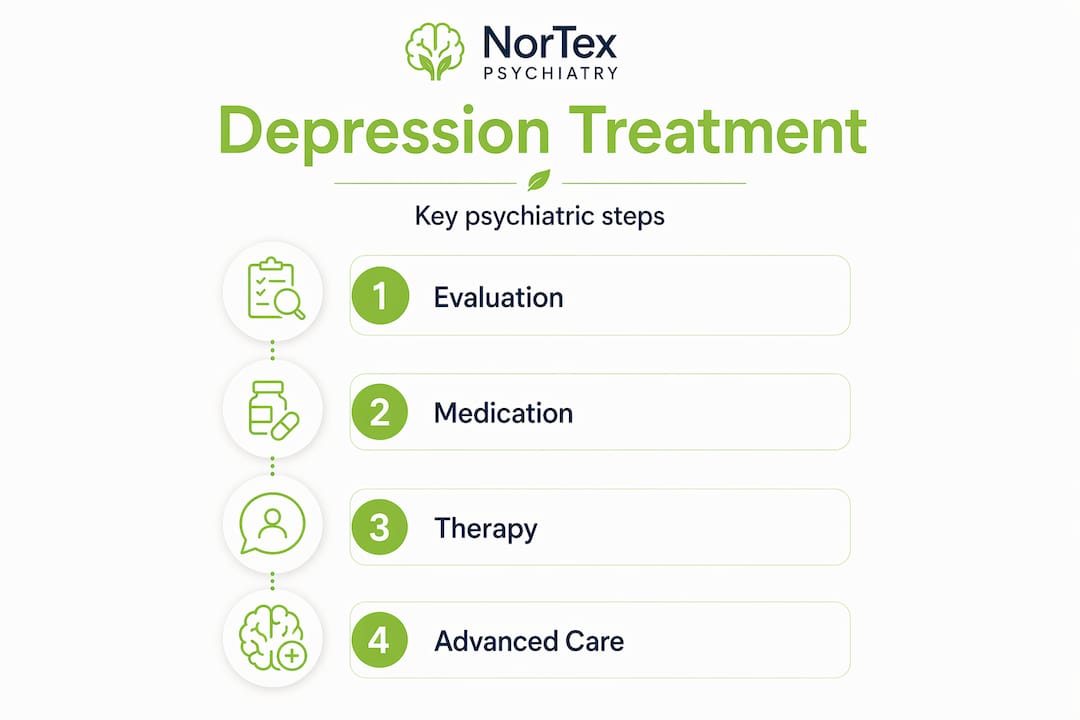 Infographic showing key psychiatric steps for depression